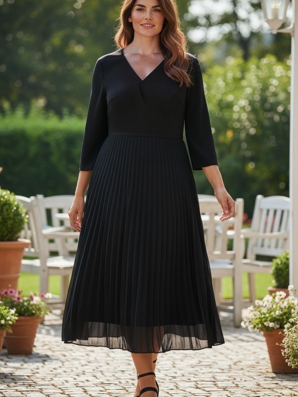 Lane Bryant Black V-Neck Pleated Midi Dress
